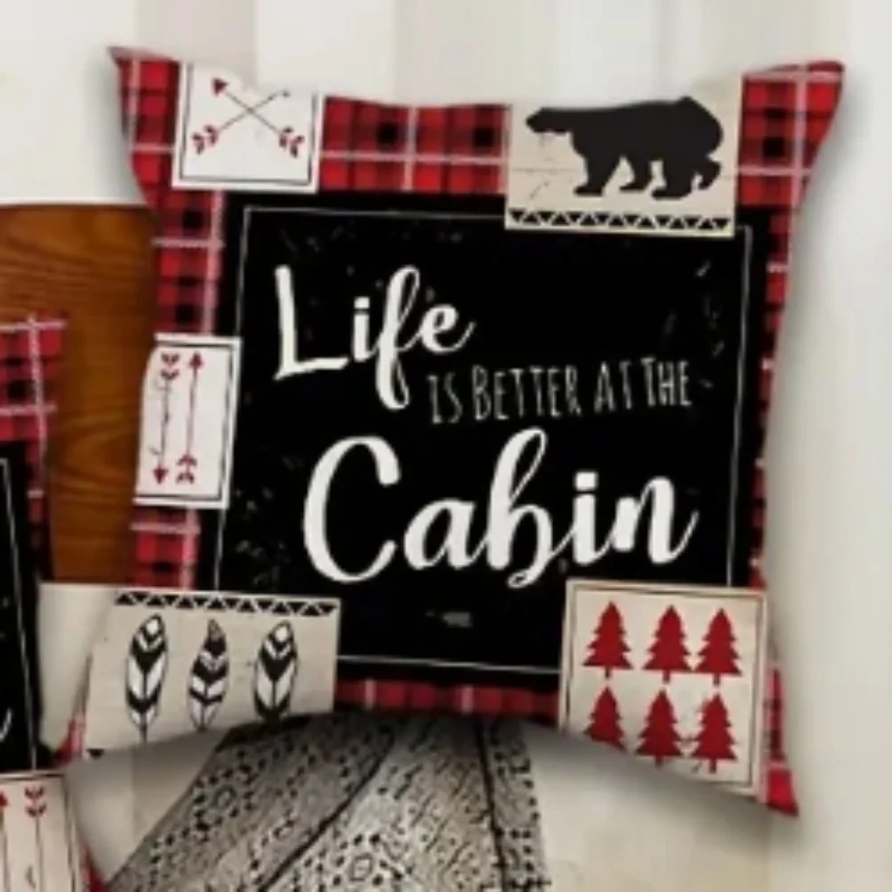 NEW SET OF 5 RUSTIC MOUNTAIN CABIN QUOTE BLACK/RED LINEN PILLOW COVERS 18